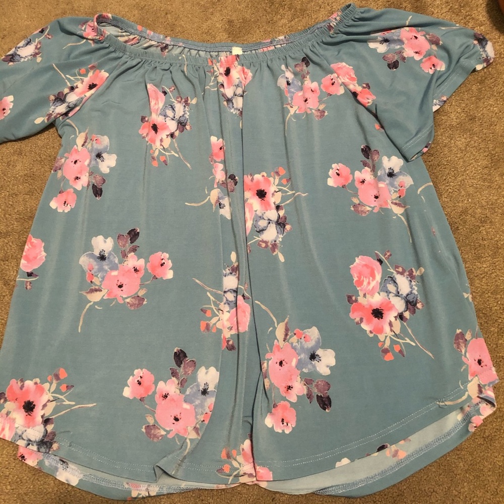 Blue and pink floral short sleeve blouse